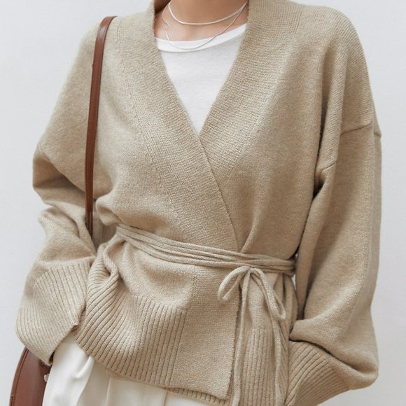 Brand new Drop Shoulder Belted Cardigan Apricot - Picture 2 of 8